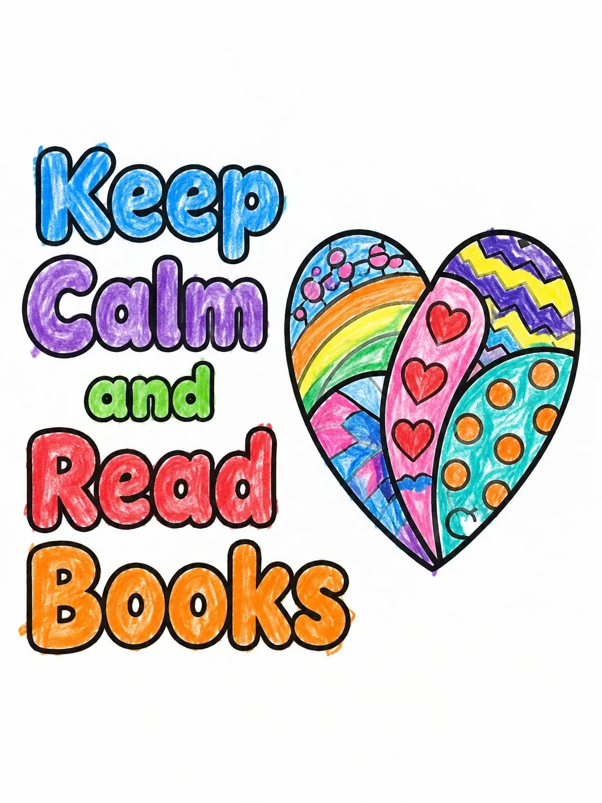 Colored example of the Keep Calm And Read Books Heart coloring page