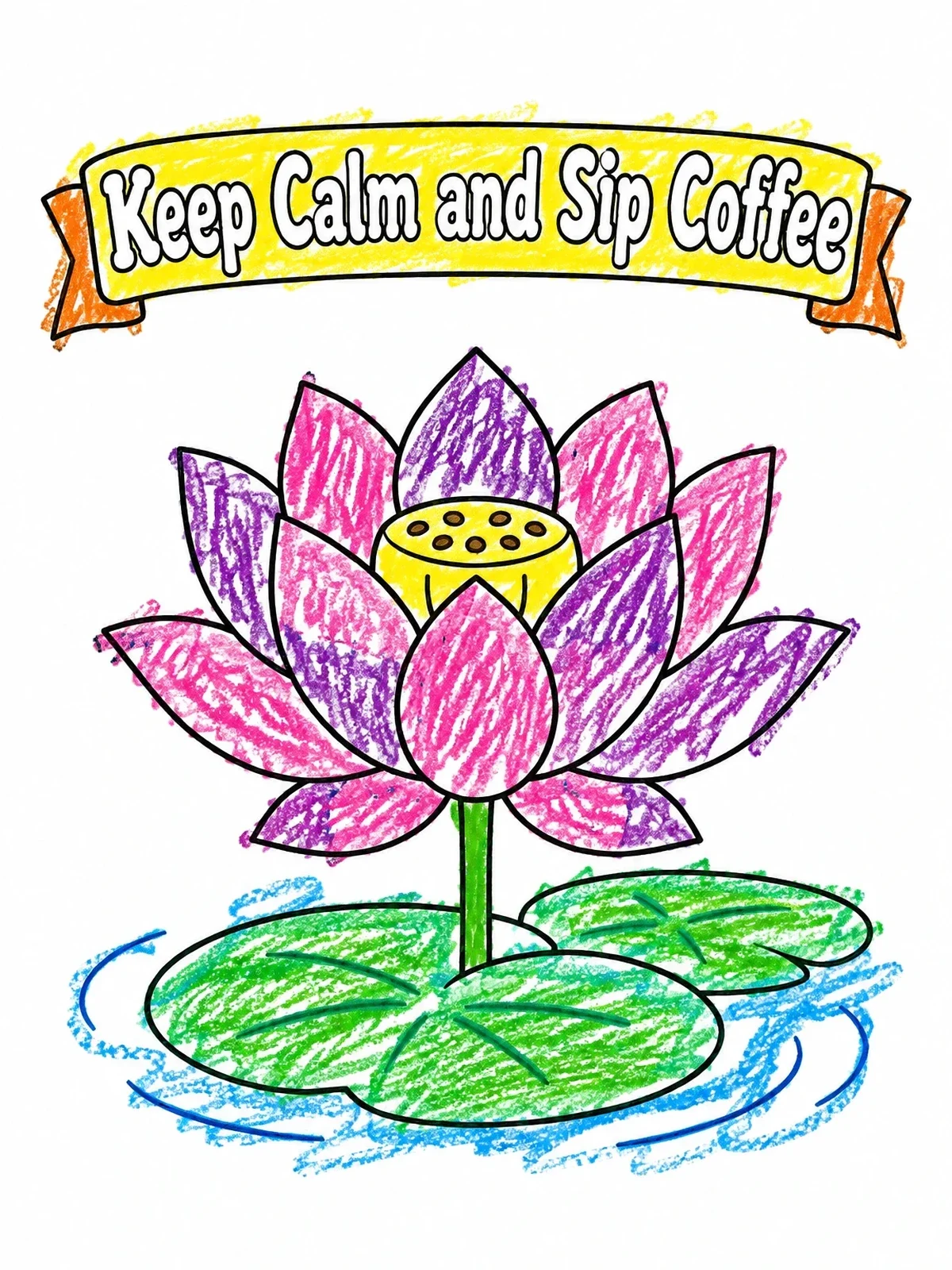Colored example of the Keep Calm And Sip Coffee Lotus coloring page