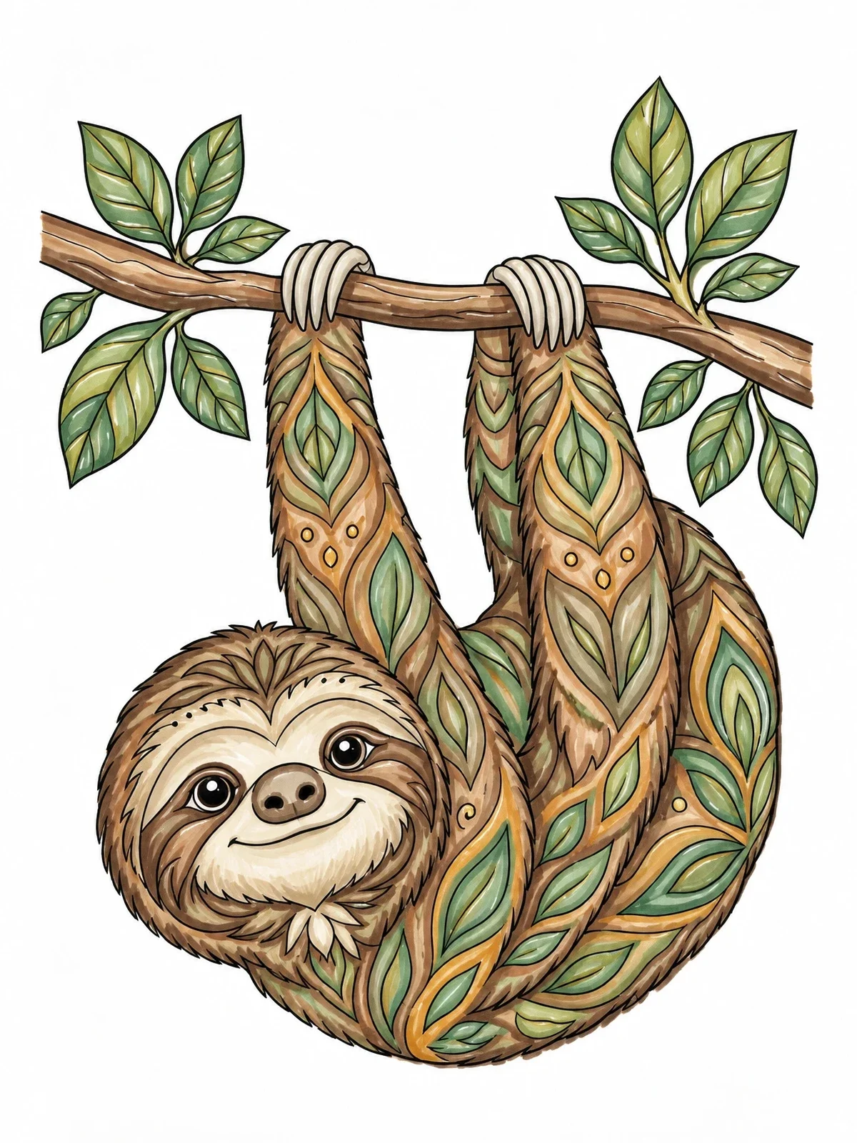 Colored example of the Smiling Sloth Hanging On Branch coloring page