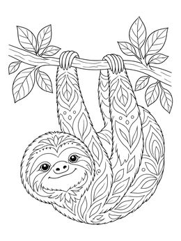 A serene keep calm coloring page featuring a smiling patterned sloth hanging upside down from a tree branch.