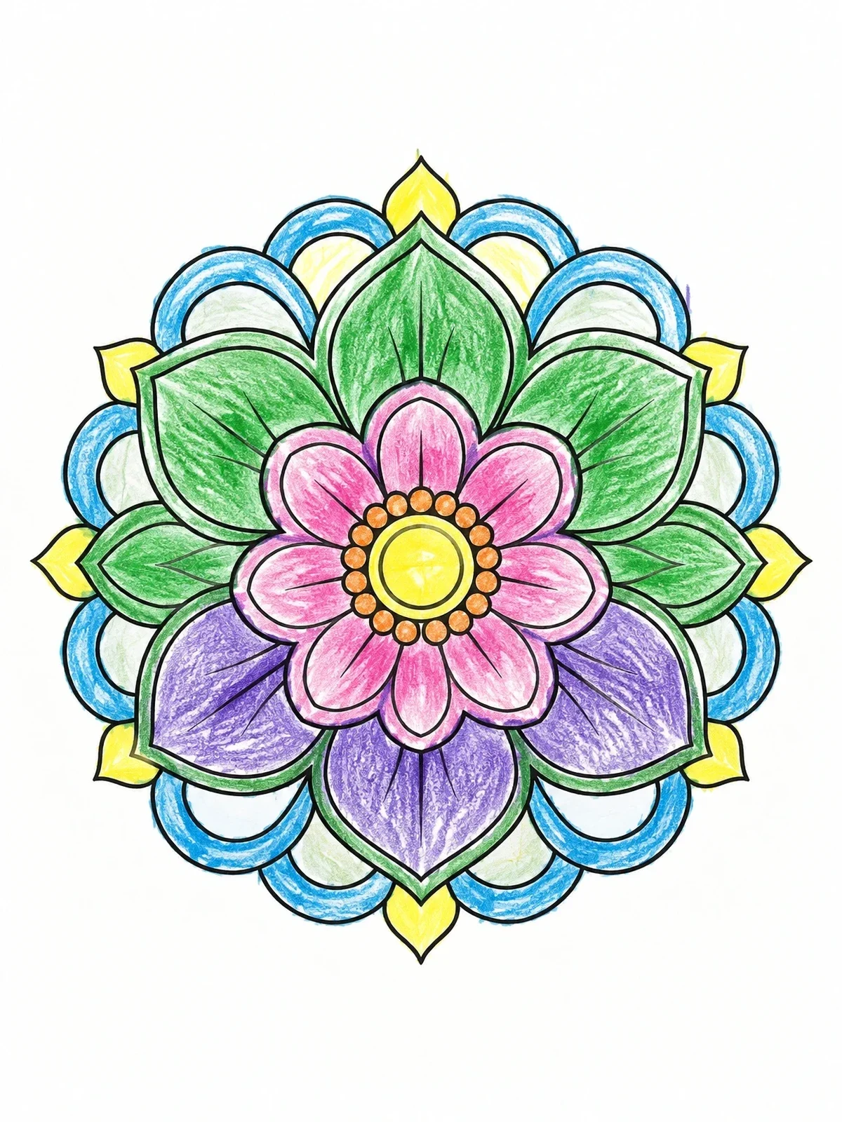 Colored example of the Symmetrical Floral Mandala coloring page