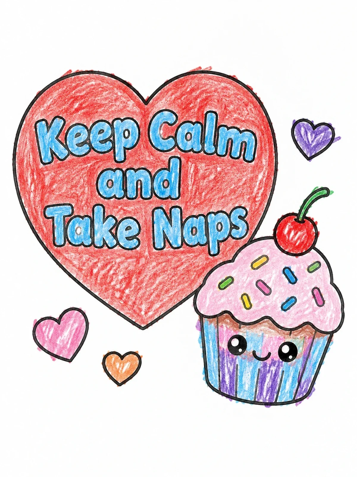 Colored example of the Keep Calm And Take Naps Cupcake coloring page
