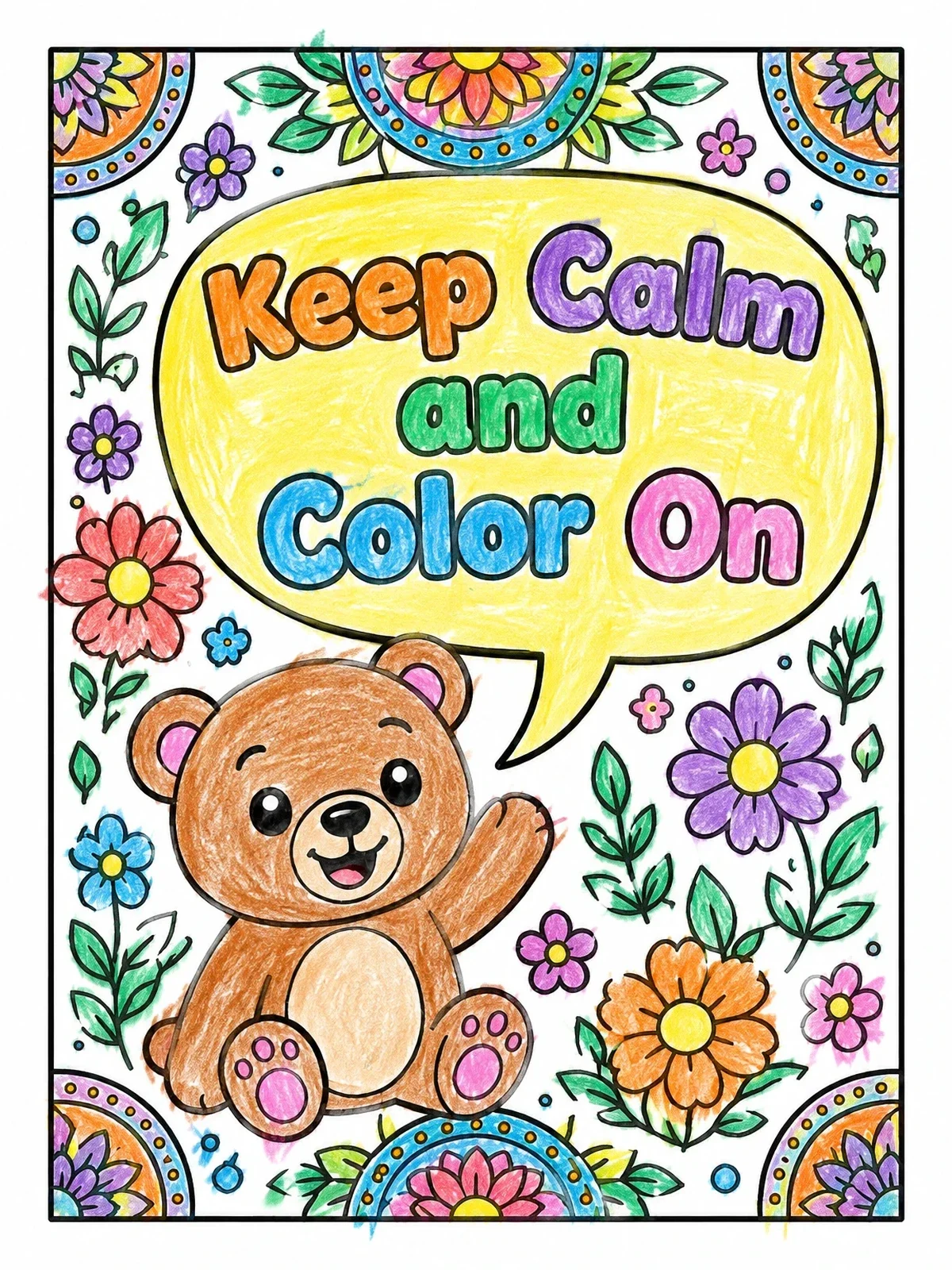 Colored example of the Keep Calm Teddy Bear Floral Poster coloring page