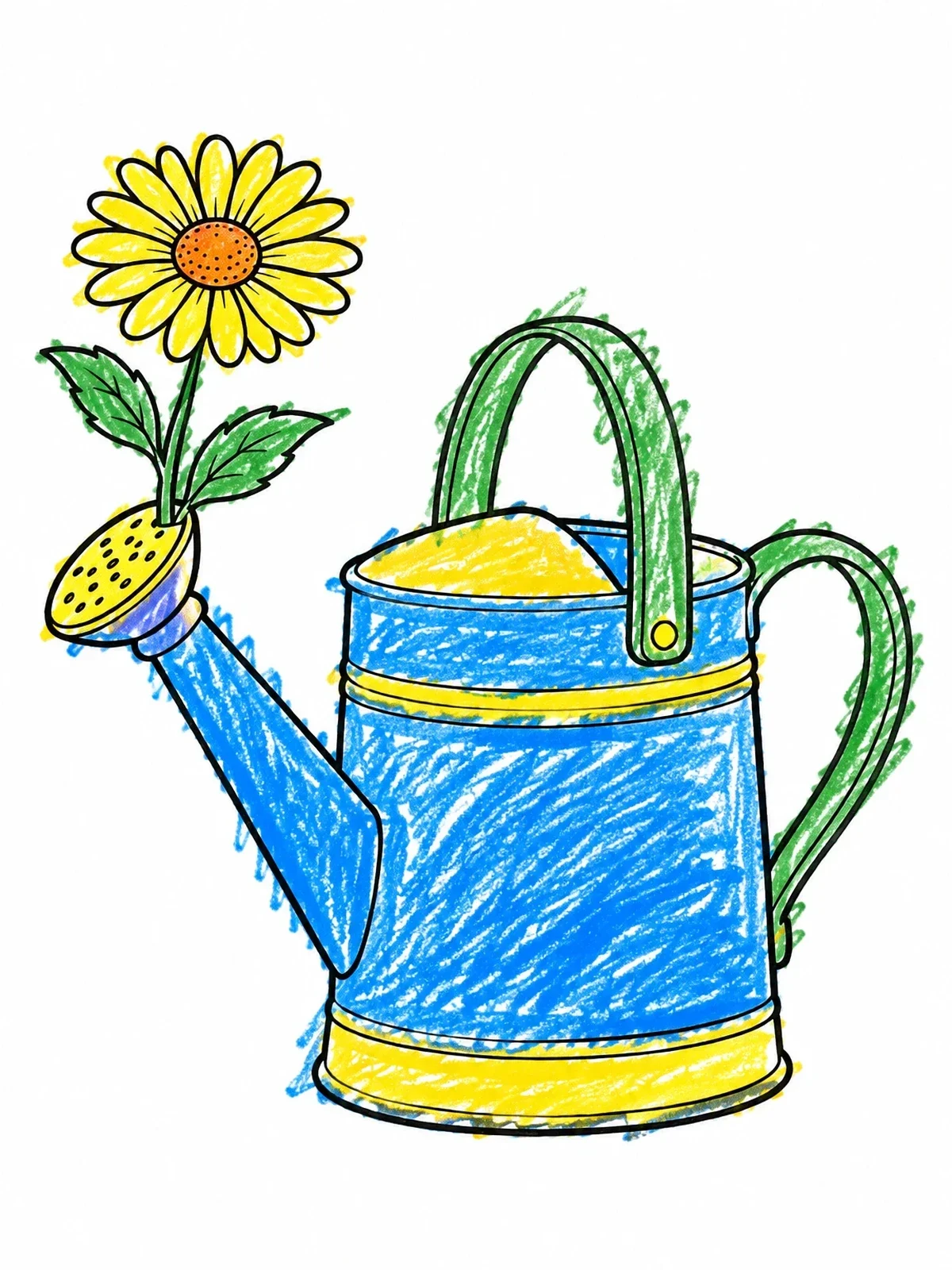 Colored example of the Watering Can With Blooming Daisy coloring page