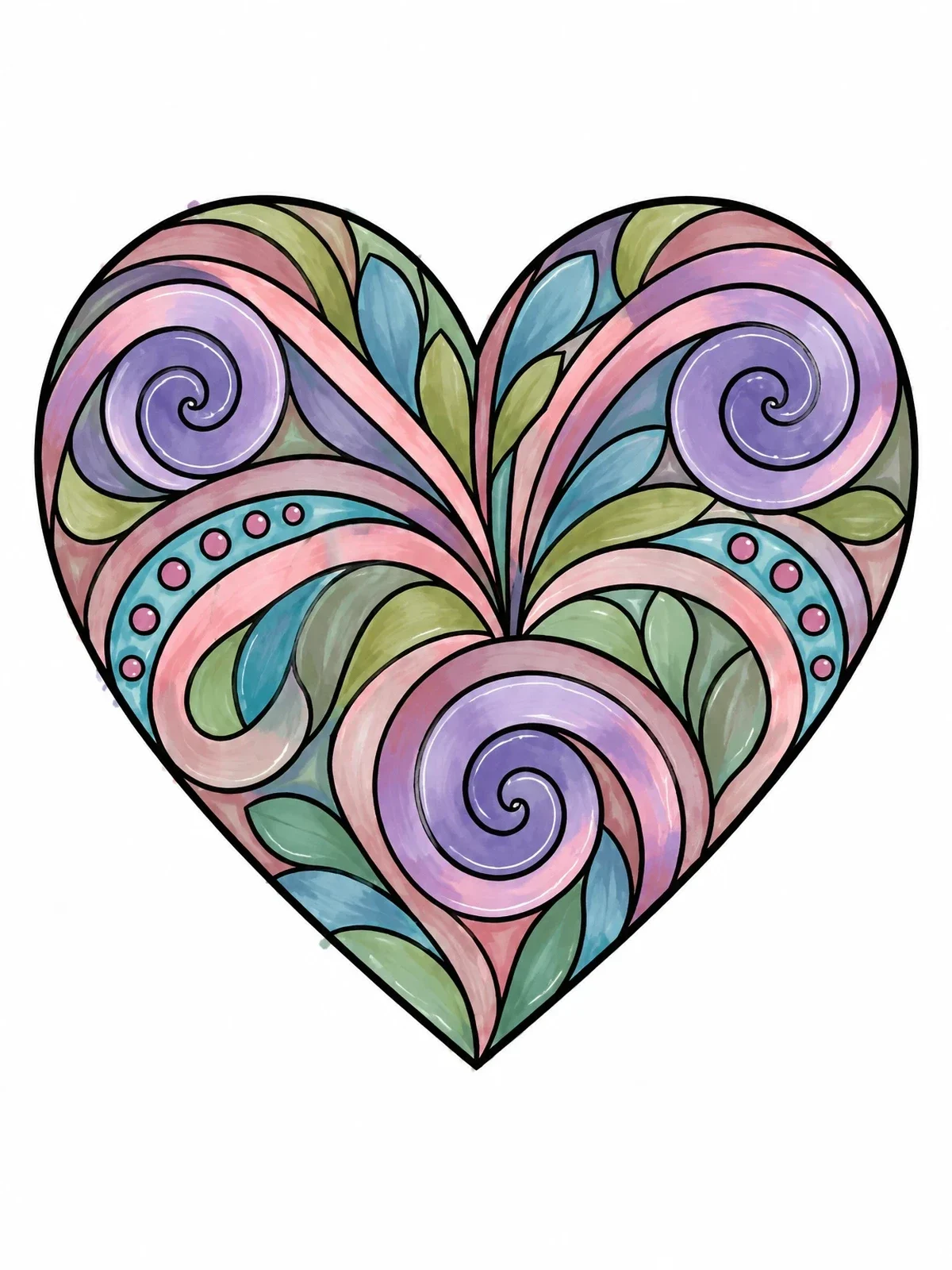Colored example of the Zentangle Swirl Pattern Heart coloring page