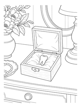 A realistic tooth coloring page showing a molar resting on a cushion inside a wooden keepsake box.