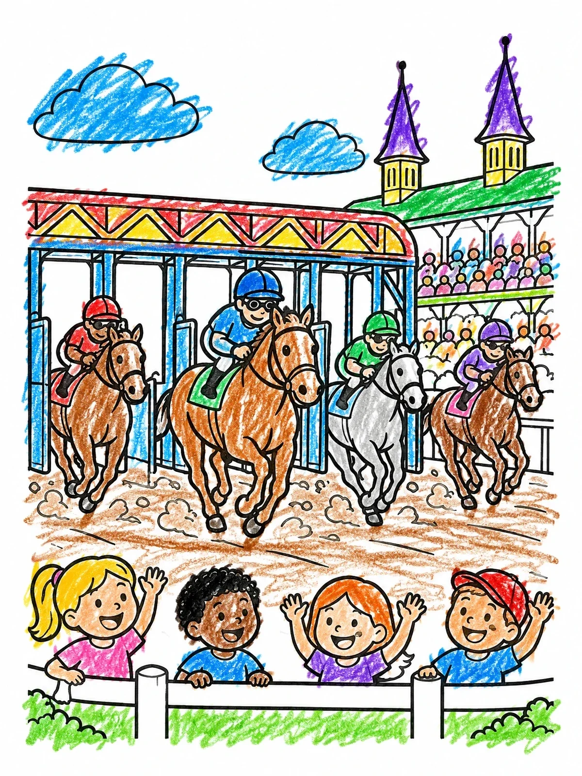 Colored example of the Kentucky Derby Horse Race For Kids coloring page