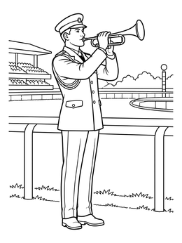 A bugler plays his horn beside the track in this kentucky coloring page.