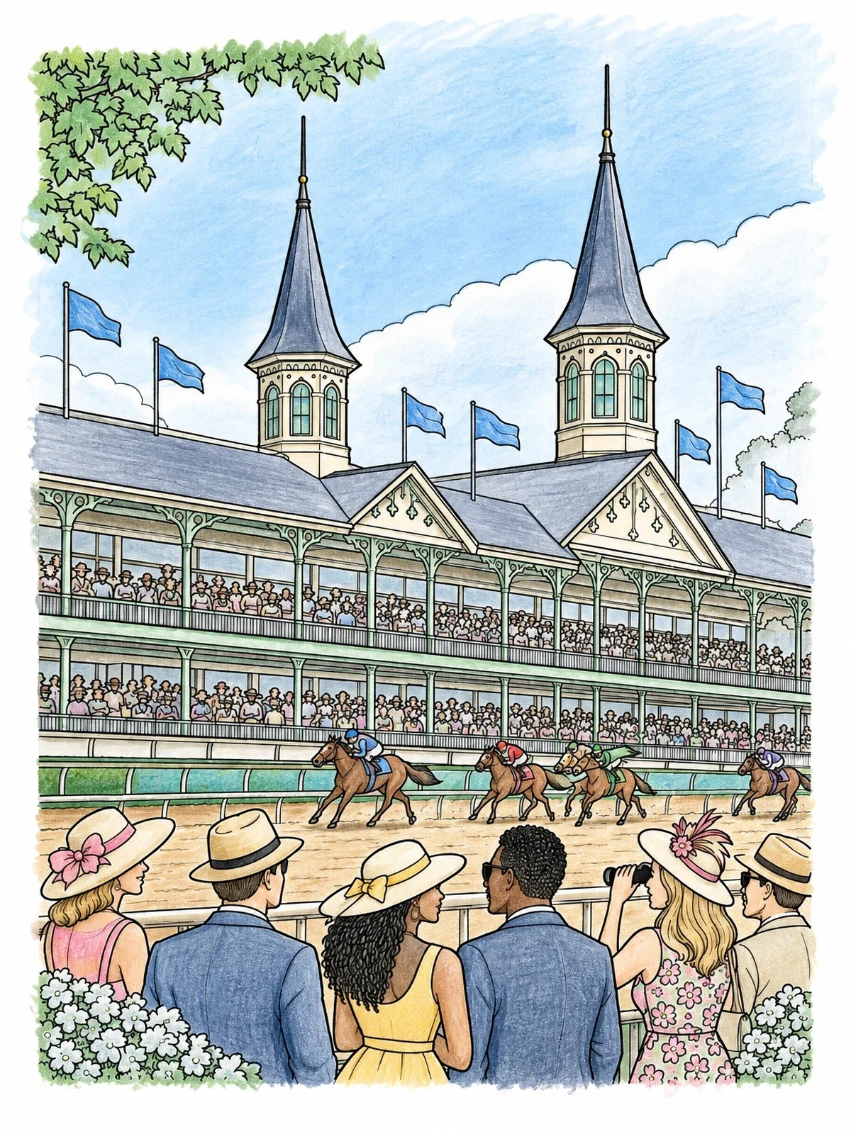 Colored example of the Historic Kentucky Racetrack Twin Spires coloring page