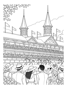 Spectators watch thoroughbred racing in this detailed kentucky coloring page featuring grandstand spires.