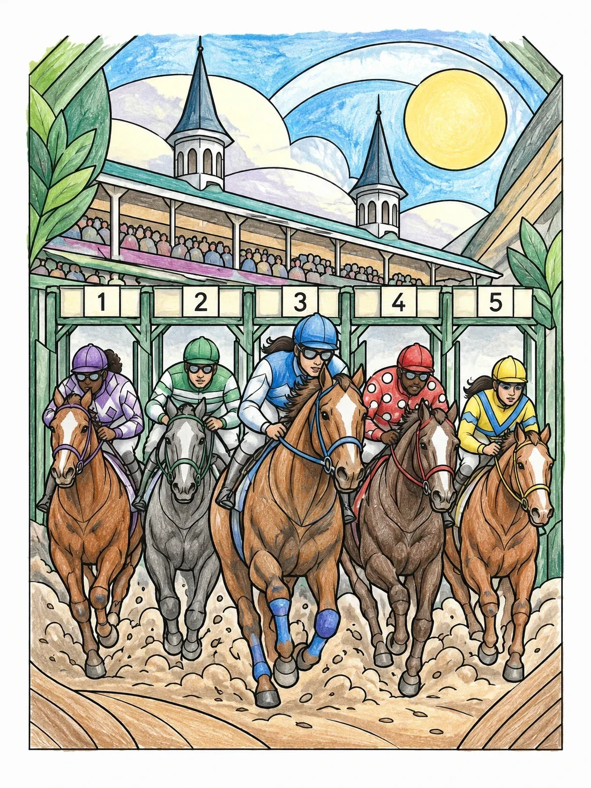 Colored example of the Kentucky Derby Starting Gate Race coloring page
