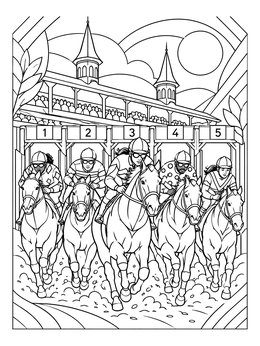 Jockeys break from the gates in this detailed kentucky coloring page featuring twin spires.