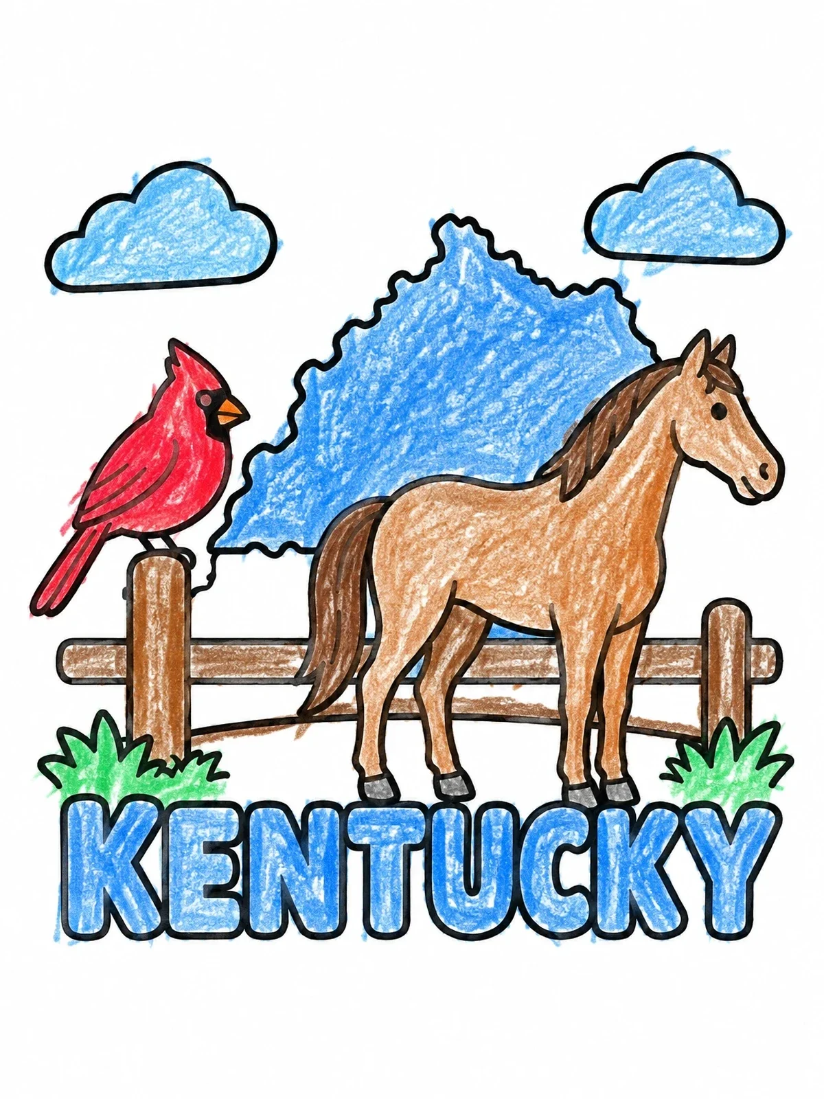 Colored example of the Kentucky State Symbols With Horse And Cardinal coloring page
