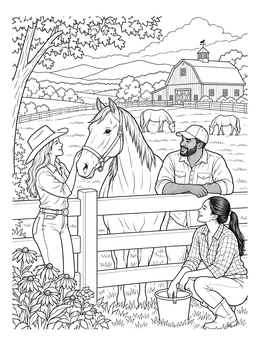 A kentucky coloring page featuring people tending to horses on a scenic farm with a barn.
