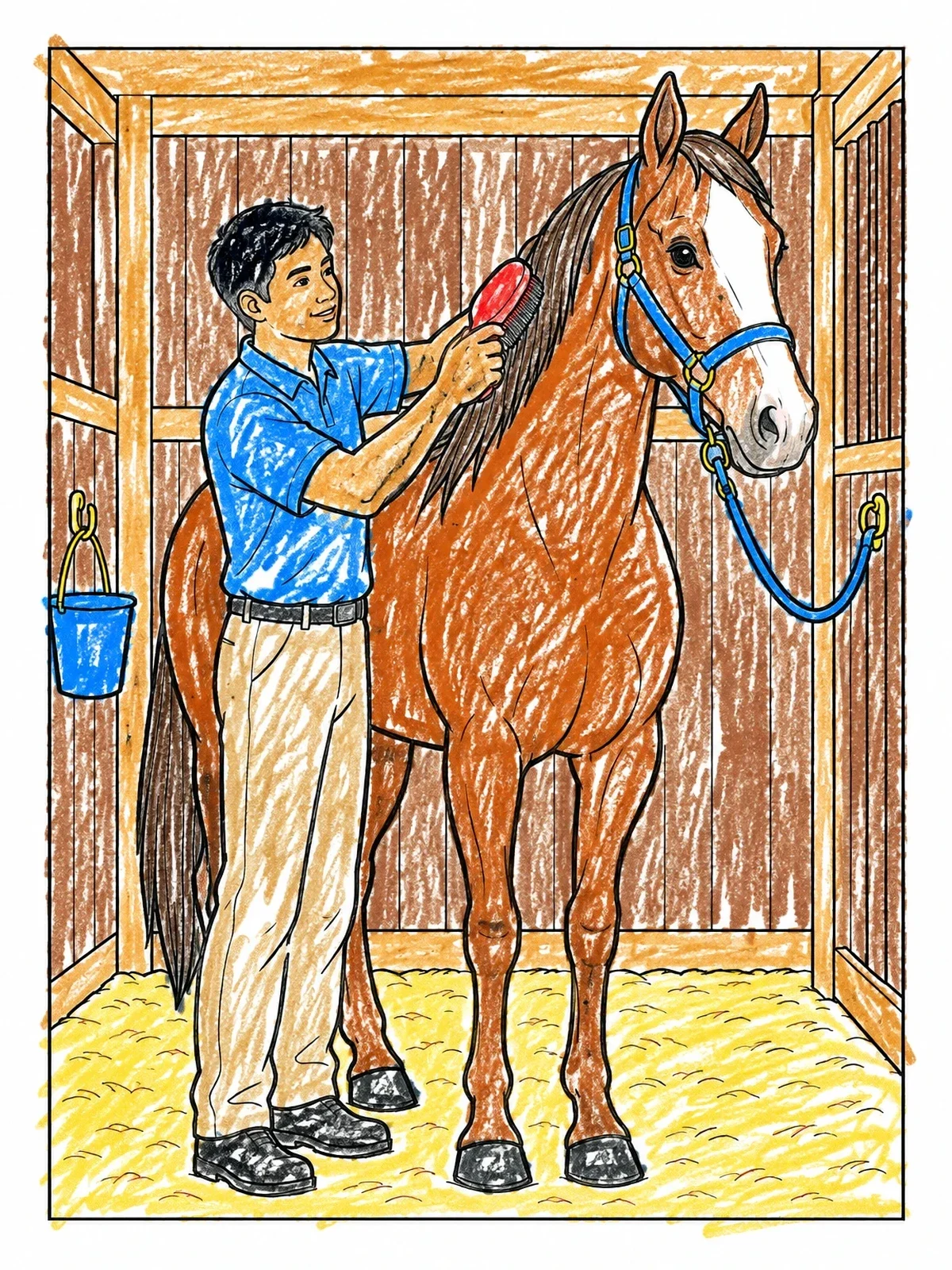 Colored example of the Groom Brushing A Horse In Stall coloring page