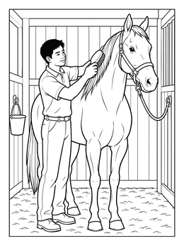 A young groom brushing a horse in this kentucky coloring page.