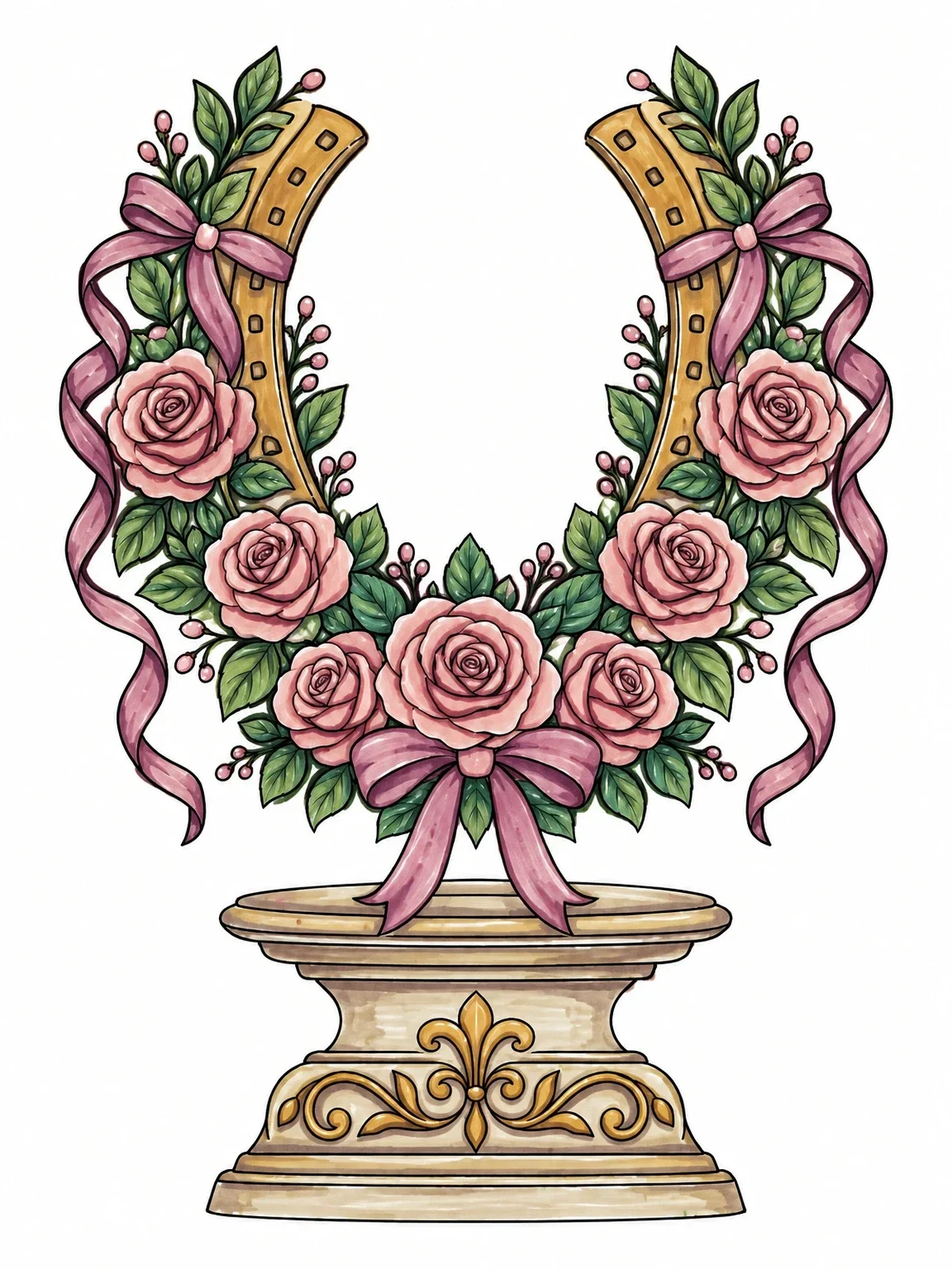 Colored example of the Horseshoe Rose Wreath On Pedestal coloring page