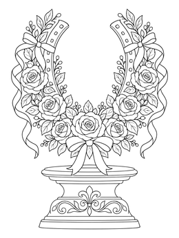 An ornate horseshoe rose wreath rests on a pedestal in this kentucky coloring page.