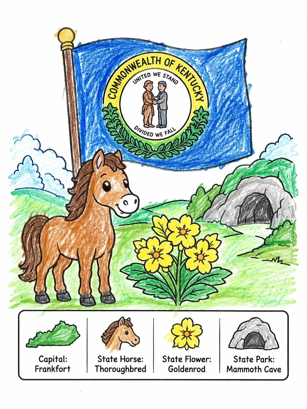 Colored example of the Kentucky State Symbols And Flag coloring page