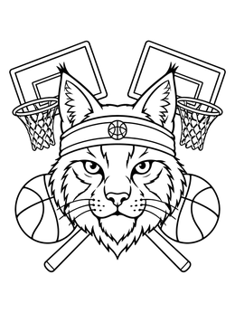 A wildcat mascot wearing a headband surrounded by basketballs on this kentucky coloring page.