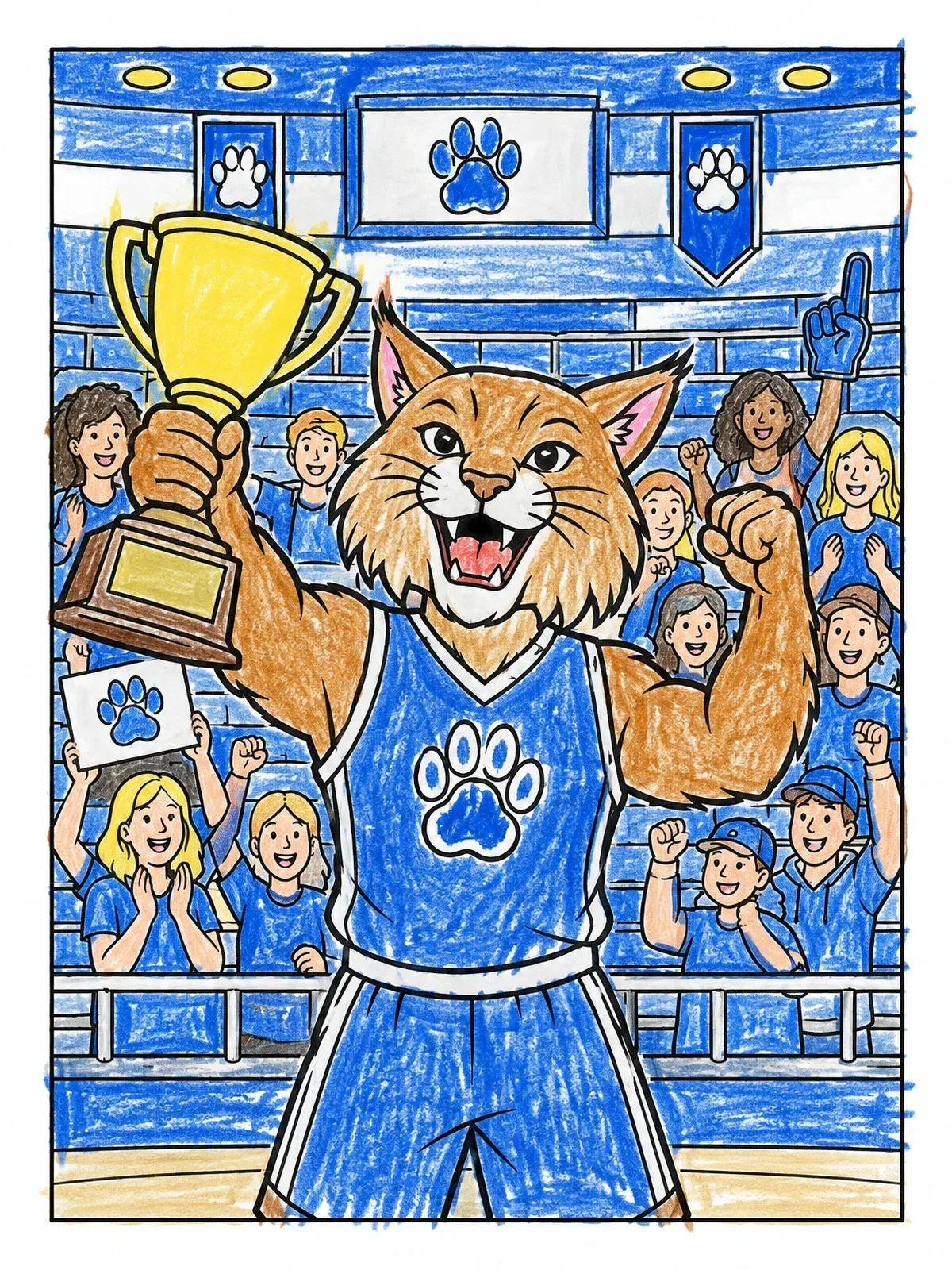 Colored example of the Wildcat Mascot Celebrating With Championship Trophy coloring page