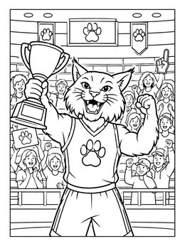 A wildcat mascot holds a championship trophy before cheering arena fans in this kentucky coloring page.