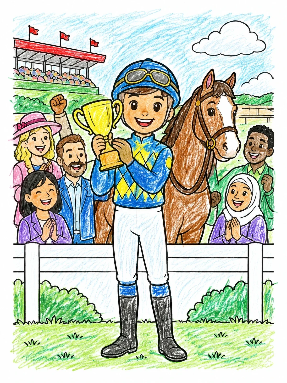 Colored example of the Winning Jockey With Horse And Trophy coloring page