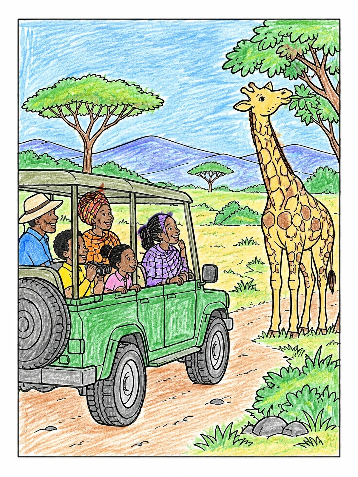 Colored example of the Family Safari Tour Spotting A Giraffe coloring page