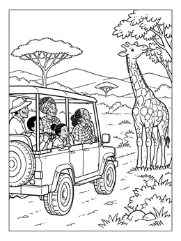 Free printable Family Safari Tour Spotting A Giraffe coloring page
