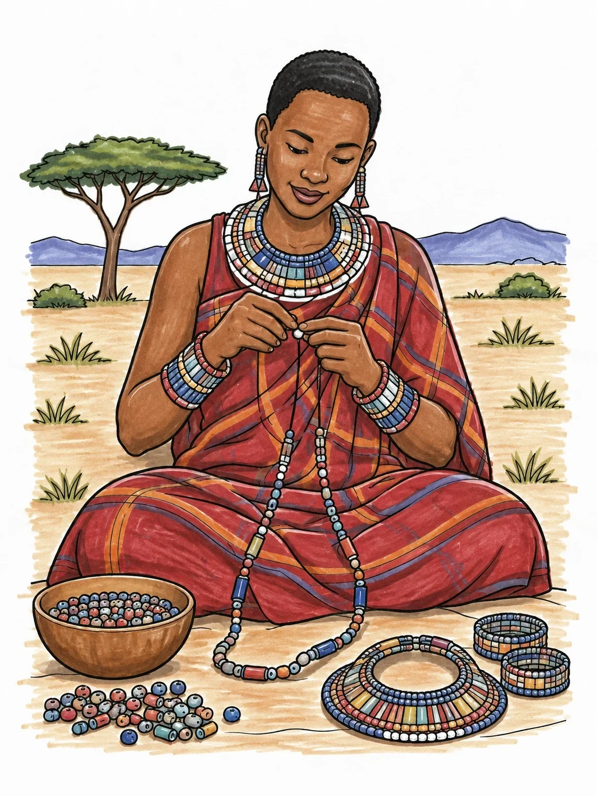 Colored example of the Maasai Artisan Making Beadwork Jewelry coloring page