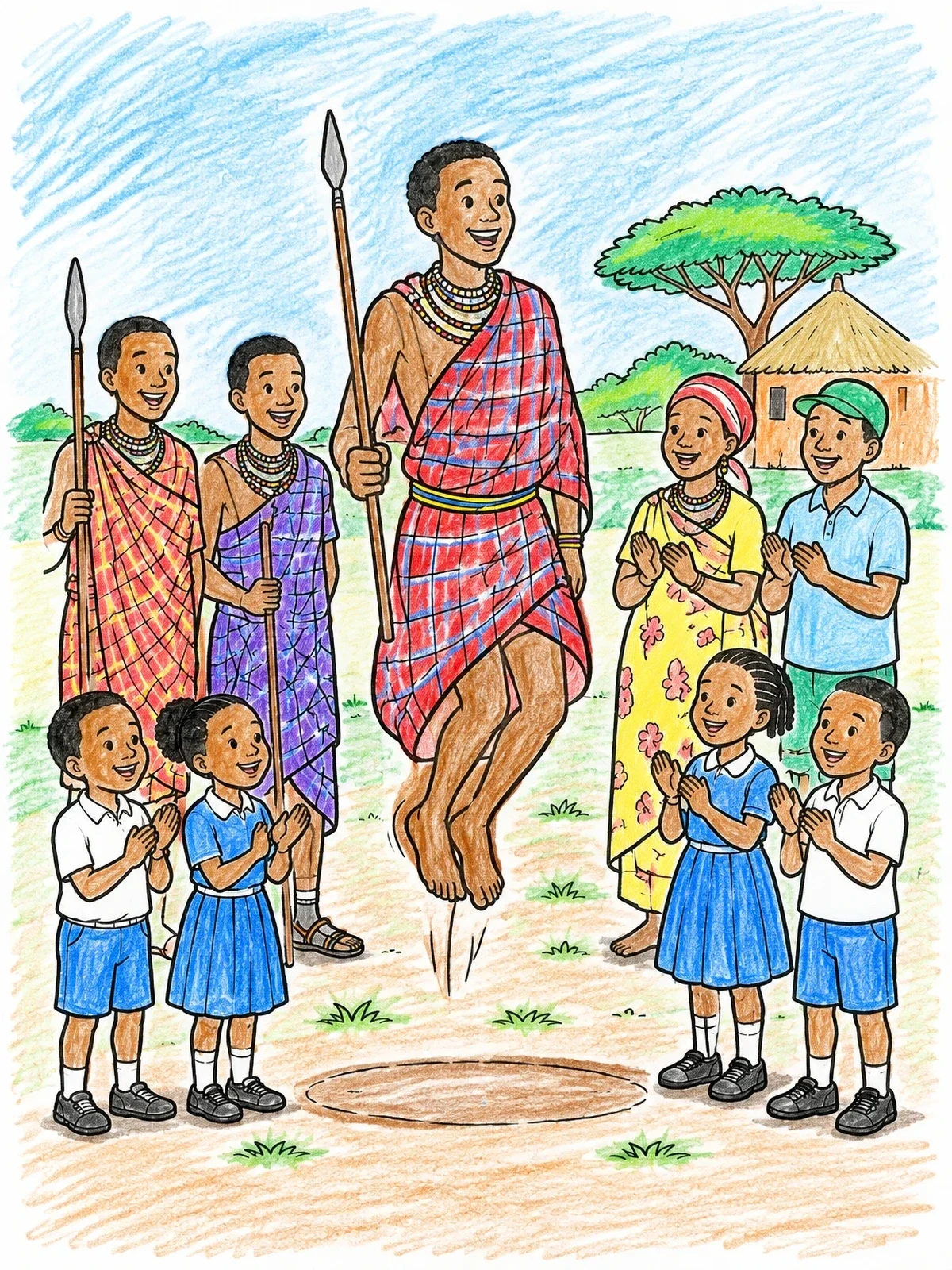Colored example of the Maasai Moran Performing Adumu Jumping Dance coloring page
