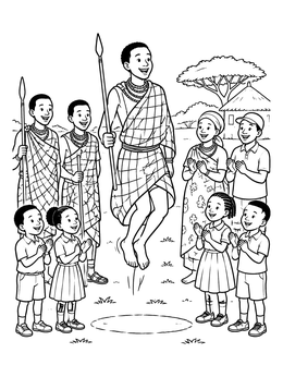 Free printable Maasai Moran Performing Adumu Jumping Dance coloring page