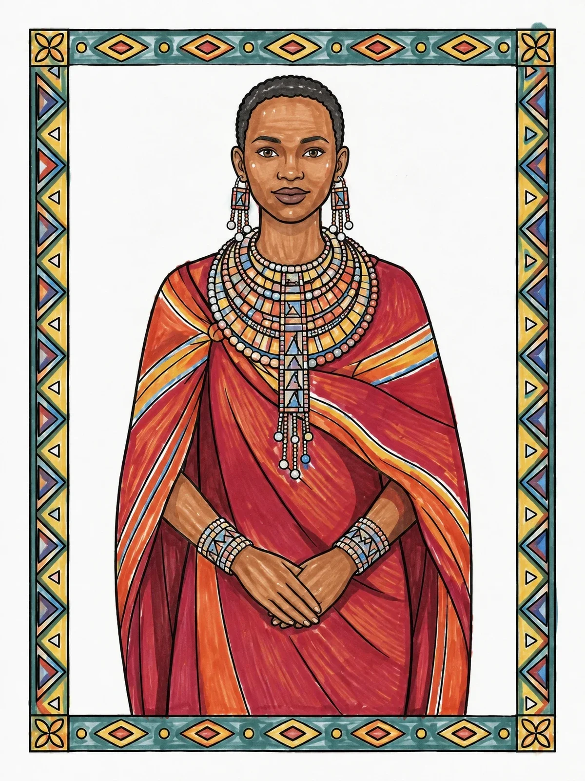Colored example of the Maasai Woman In Traditional Beaded Jewelry coloring page