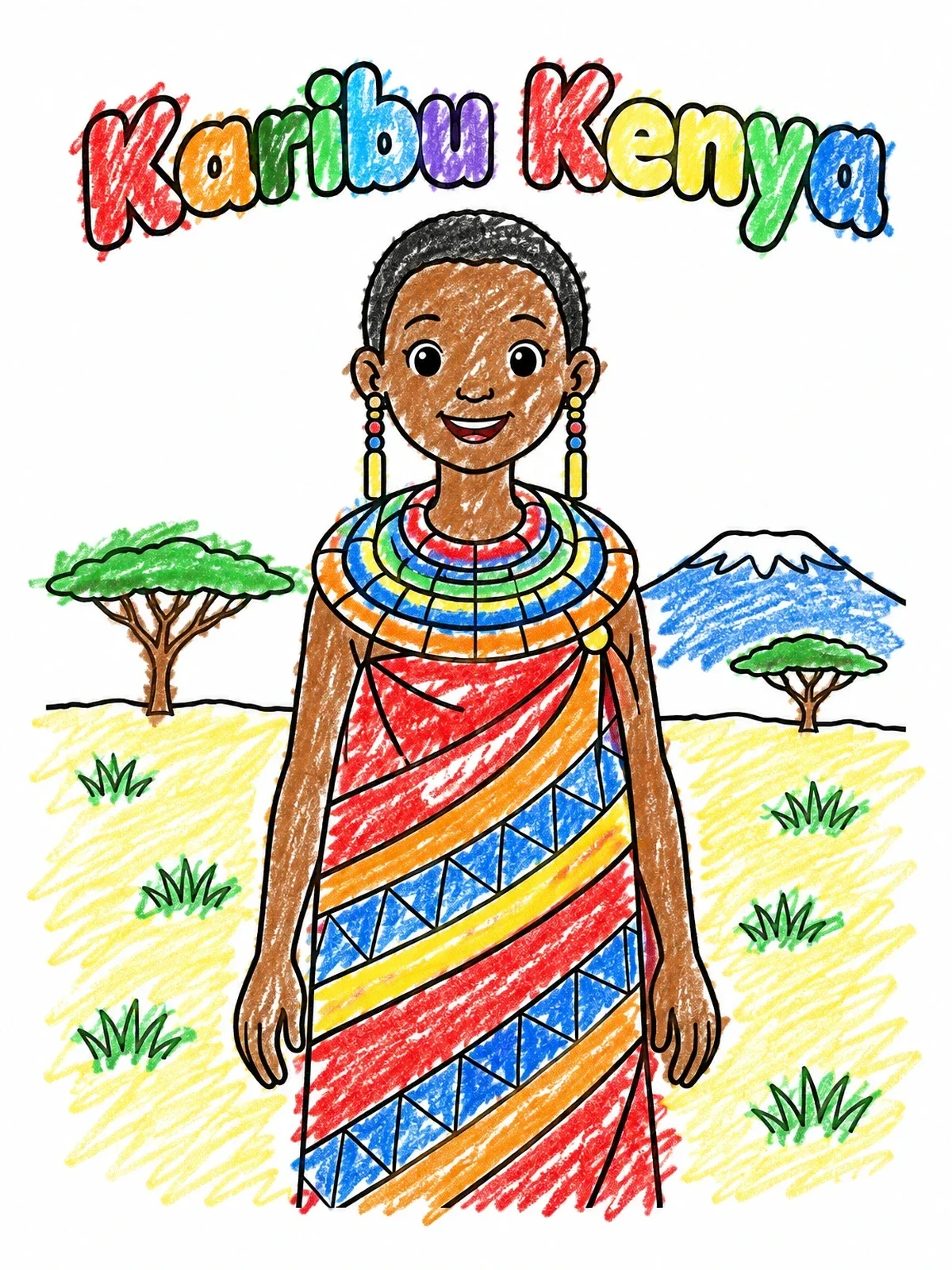 Colored example of the Karibu Kenya Maasai Woman coloring page
