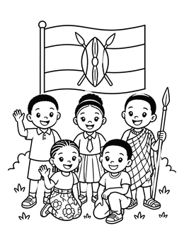 Free printable Happy Kenyan Children With National Flag coloring page