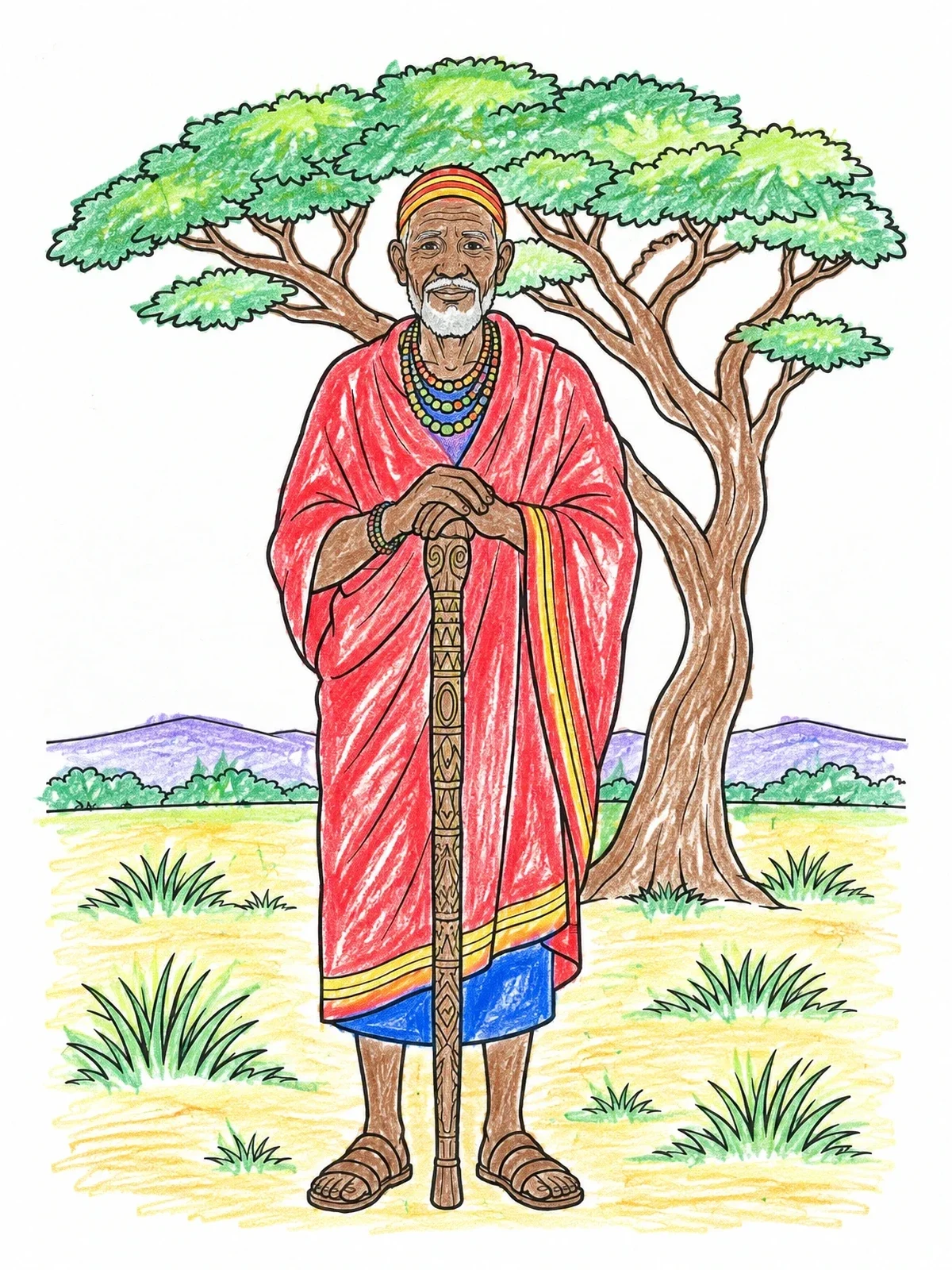 Colored example of the Kenyan Elder With Carved Staff coloring page