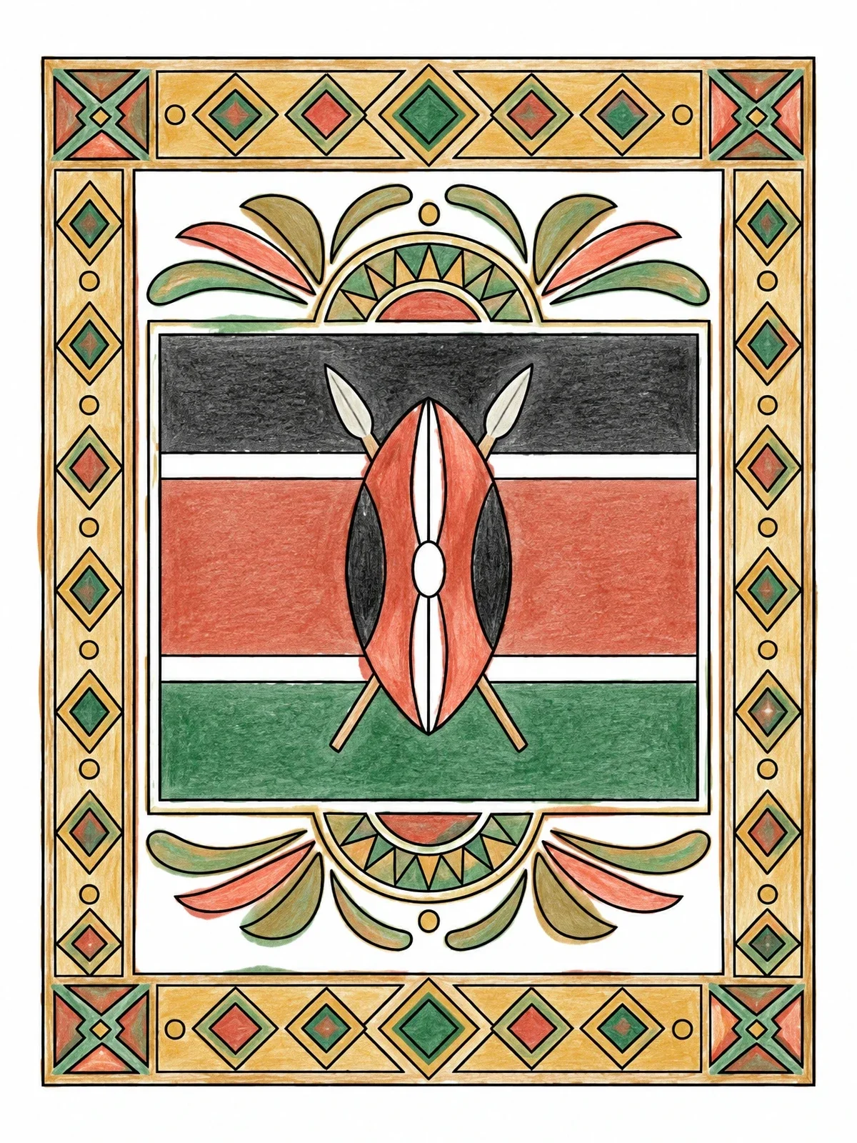 Colored example of the Kenyan Flag And Geometric Border coloring page