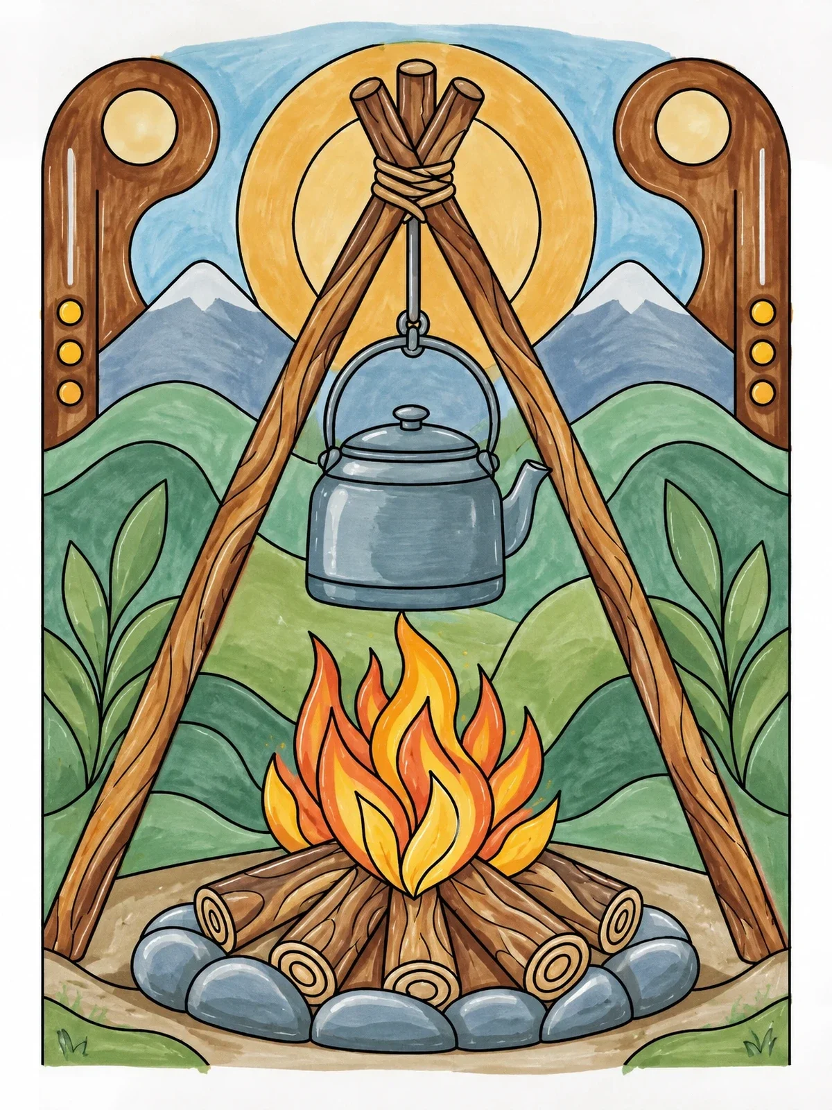 Colored example of the Kettle Hanging Over Campfire Tripod coloring page
