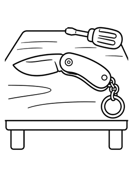 A simple knife coloring page featuring a small folding keychain knife and a screwdriver on a workbench.