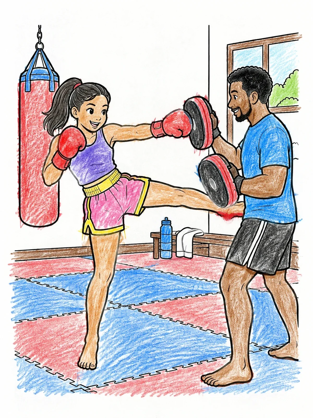 Colored example of the Kickboxer Training With Coach coloring page