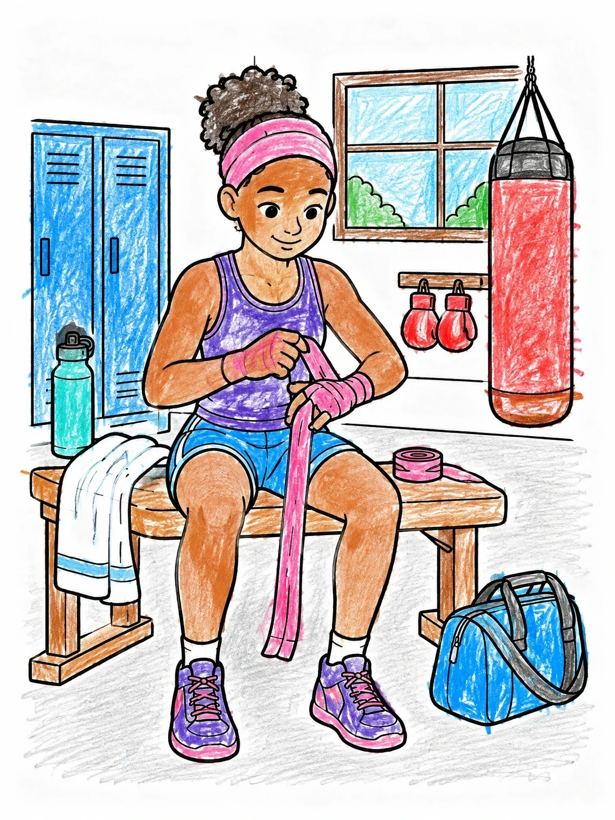 Colored example of the Kickboxer Wrapping Hands In The Gym coloring page
