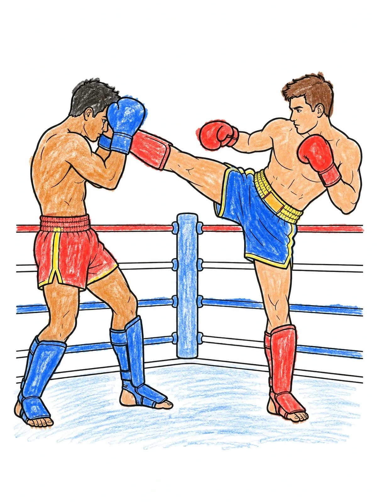 Colored example of the Kickboxers Sparring In The Ring coloring page