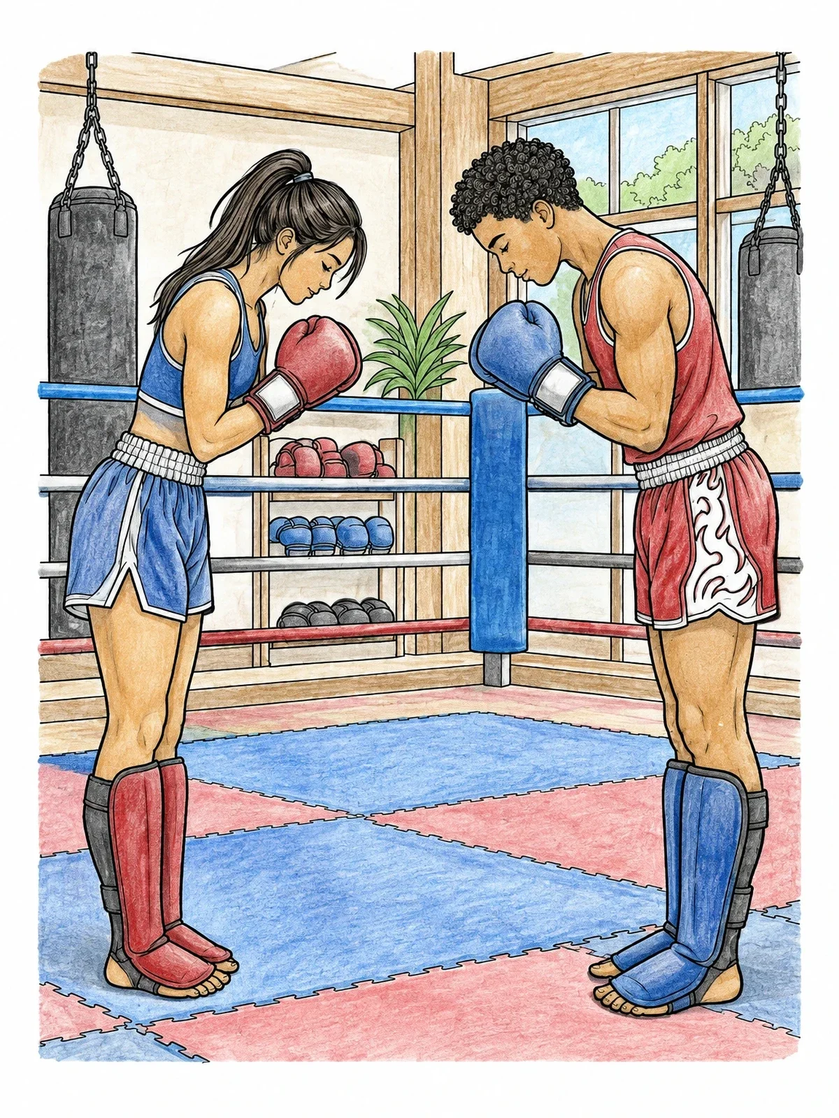 Colored example of the Respectful Kickboxers Bowing In The Ring coloring page