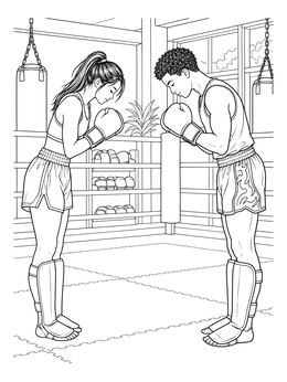 A teen boy and girl bow respectfully before a sparring match on this kickboxing coloring page.