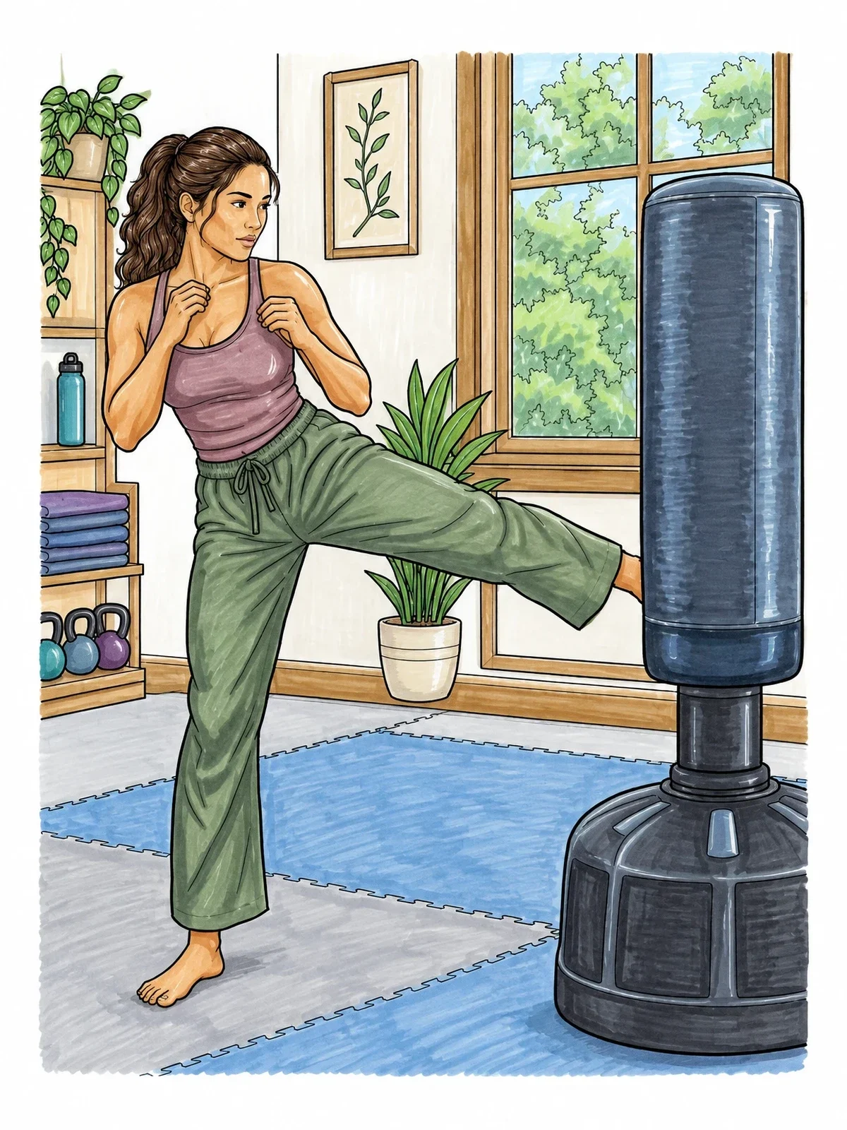 Colored example of the Woman Kicking A Standing Heavy Bag coloring page