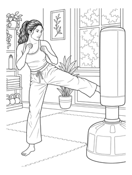 A woman trains inside a gym on this kickboxing coloring page.