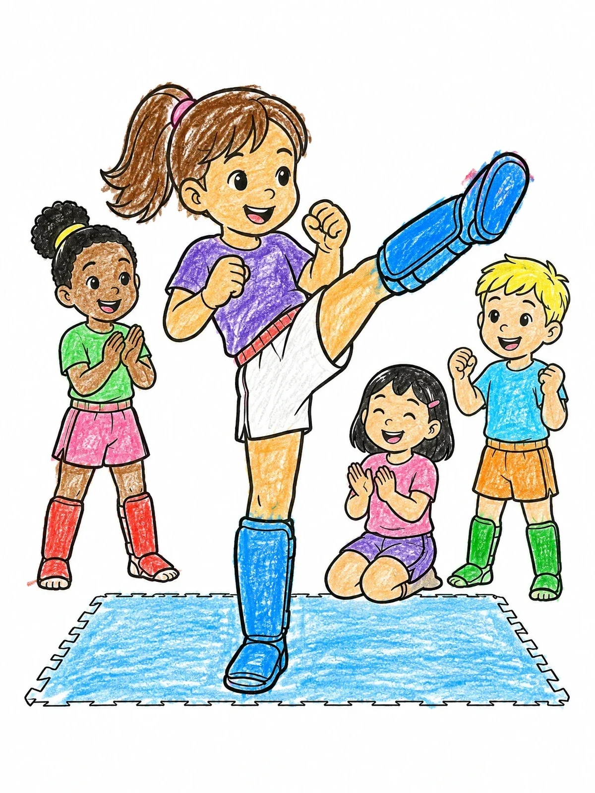 Colored example of the Young Girl Practicing Martial Arts Kick coloring page