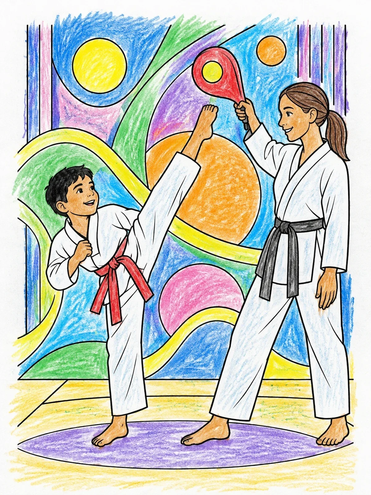 Colored example of the Young Martial Artist High Kick Training coloring page