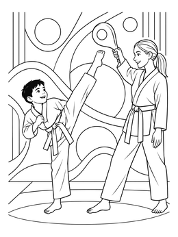 A boy performs a high kick at a target in this kickboxing coloring page with his trainer.