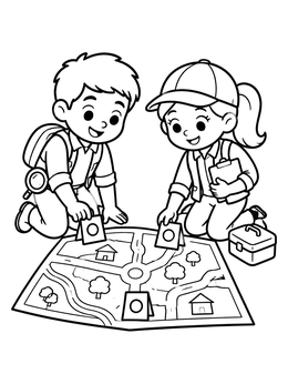 Free printable Kid Detectives Examining Town Map coloring page